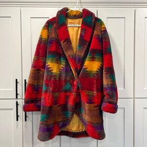 DonnyBrook Colorful Patterned Aztec Faux Fur Iconic Vintage Oversize Coat L XL